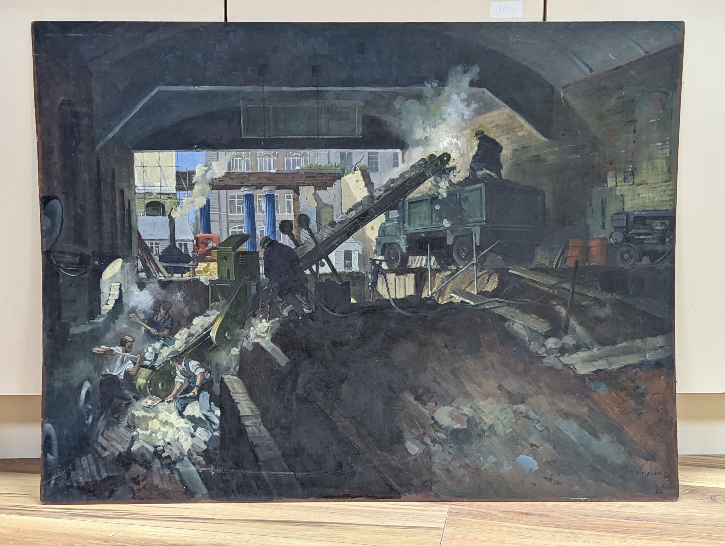 Henry James Neave (1911-1971), oil on board, Demolition crew loading a lorry, signed and dated '63, 76 x 101cm, unframed